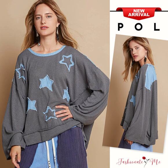 POL Exposed Seam Star Denim Patch Round Neckline Relaxed Fit Sweater | Charcoal - Picture 1 of 6